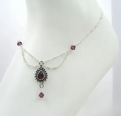 Purple Teardrop & Austrian Crystal Beads Chain 9.25  Sterling Silver Anklet F667 • $22.99