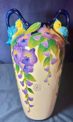 J McCall Blue Sky Icing On The Cake - Wisteria & Birds Vase Handcrafted 2005 • $24.99