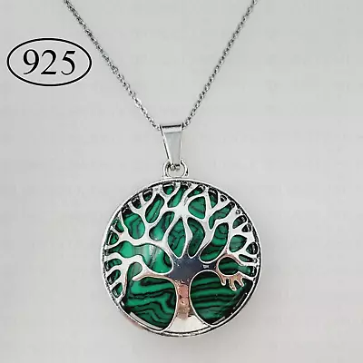 Malachite Necklace Crystal Tree Of Life Pendant 925 Sterling Silver Chain • £5.95