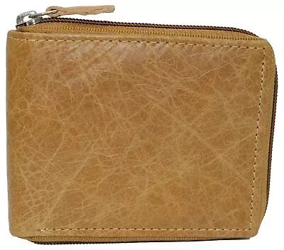 Mens Zip Around RFID Blocking Cowhide Leather Zipper Bifold Wallet For Men (Tan) • $16.99