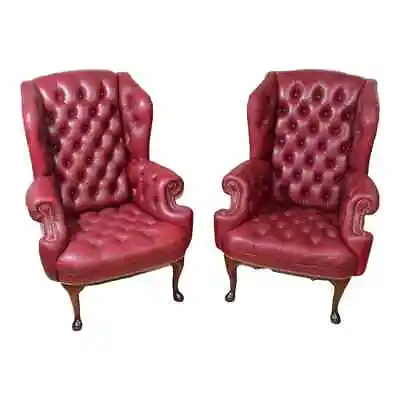 St. Timothy Chair Co Burgundy Leather Wingback Library Office Arm Chairs - Pair • $1297