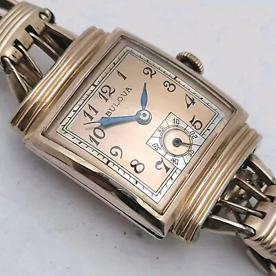 Qm7: Gorgeous Rare 14k Rose Rolled Gold Art Deco 2 Tone Dial Men's Bulova Watch • $96.09