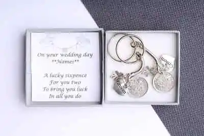 £9.99 • Buy Personalised Lucky Sixpence Coin Keyring Set - Groom & Groom - Gift For Them
