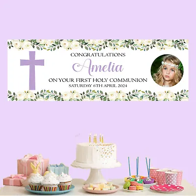 Personalised First Holy Communion Party Banner Baptism Confirmation Lilac Cross • £8.99