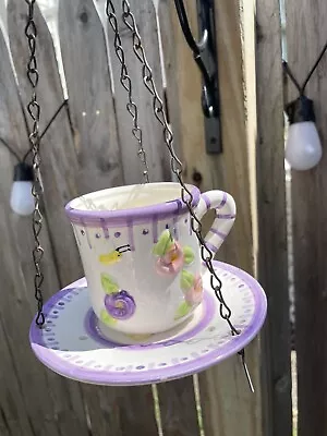 Teacup & Saucer Hanging Bird Feeder Garden Decoration Vtg Floral Design White • $24.89