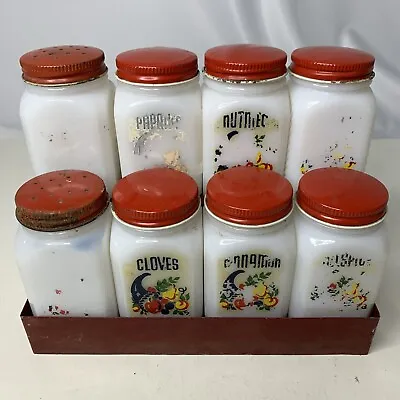 Vintage Milk Glass Set Of 8 Made In USA Spice Jars With Rack  Retro 50s • $45