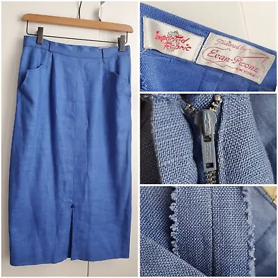 Vintage 40s 50s Blue Linen Midi Pencil Skirt Maisel Mad Men Evan Picone 1940s • $150