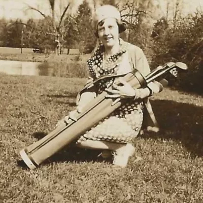 1930s Woman Holding Golf Caddy Bag Clubs Vintage Vernacular Snapshot Photo • $4.20