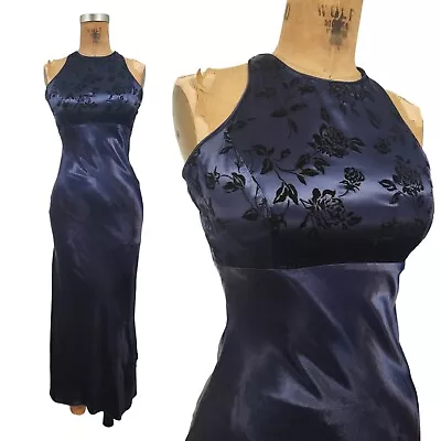 Vtg 90s Prom Dress Slip XS Dark Blue Velvet Floral High Neck Slinky Bias Cut S • $59.99