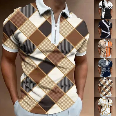 Men's Zipper Short Sleeve Check Polo Shirt Golf Casual Tunic Blouse Tops S-3XL • £5.39