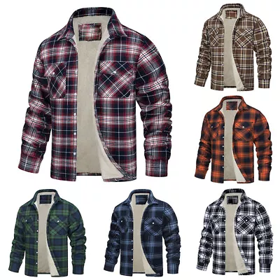 Mens Fleece Jacket Sherpa Lined Zip Up Buffalo Plaid Flannel Coat Casual Warm • $44.93