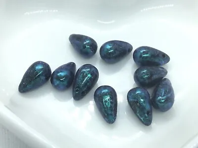 £2.95 • Buy 10 Czech Teal Pressed Teardrop Glass Beads With A Metallic Finish 10 X 6mm