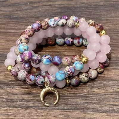 108 Mala Beads Gemstone Rose Quartz Healing Meditation Women Bracelet Necklace • $15.90