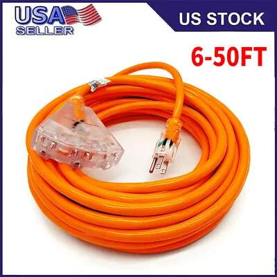 Cable 6-50Foot Lighted Outdoor Extension Cord 3 Outlets - 12/3 SJTW Heavy Duty • $14.89