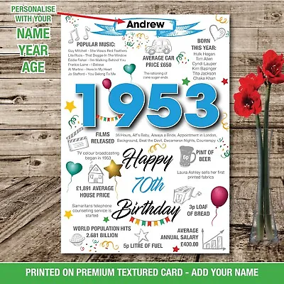 1953 70th Birthday Personalised Memories On This Year Facts Print Poster 043 • £16.70