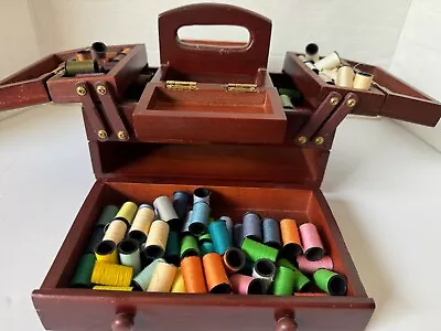 Singer Sewing Accordion Storage Box Dark Redwood  Full Of Thread Spools 50+ • $39.95