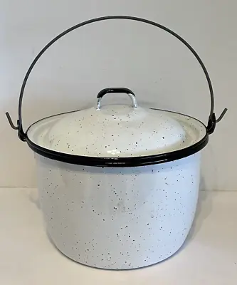 Vintage Enamelware White Speckled Black Rim Small Soup Pot Camping Farmhouse • $29.99