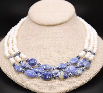 Vintage Freshwater Pearl Blue Sodalite Crystal Beaded Triple Strand Necklace • $31.95