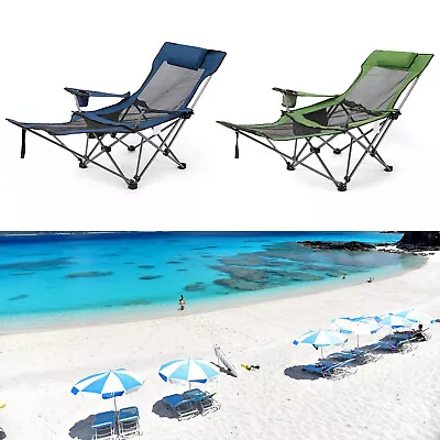 2 In 1 Folding Camping Chair Reclining Lounge Chair With Removable Footrest J1J8 • £34.99