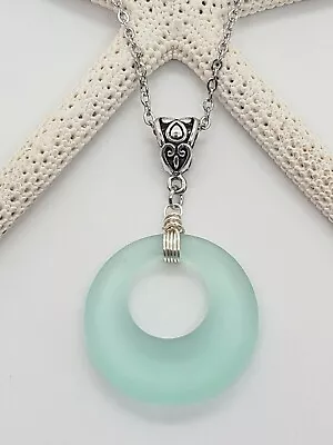 Sea Glass Necklace Jewelry W/ 28mm Sea Foam Green Circle Ring Eternity Pendant • $13.99