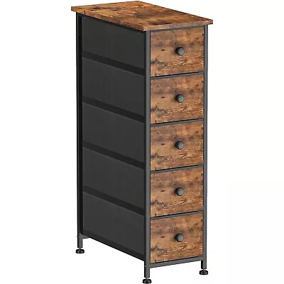 Narrow Dresser Storage Tower With 5 Removable Fabric Drawers Wood Top Brown • $69.99