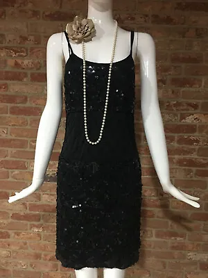 Vintage Black Sequin Beaded Flapper 1920s Charleston Gatsby Party Dress Size M • £20