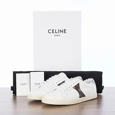 CELINE 650$ Men's Triomphe Low Top Sneakers - White Calfskin Leopard Stripe • $275