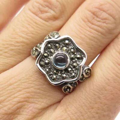 925 Sterling Silver Vintage Real Aquamarine & Marcasite Flower Ring Size 8 • $64.99