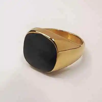 Men's Fashion Signet Ring Black Onyx Enamel Gold Tone Stainless Steel Size 6-13 • $18.95