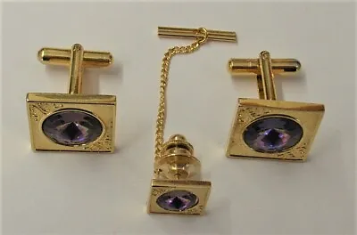 £25.99 • Buy Cufflinks & Tie Pin Set Gold Tone With A Purple Crystal / Diamante Inserts
