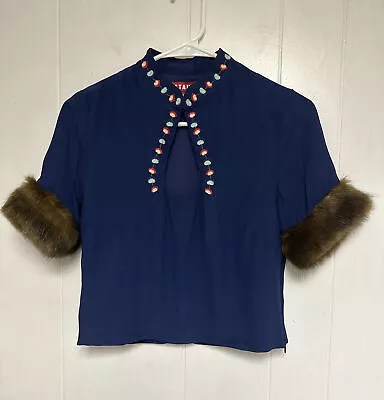 STAUD Astrid Cropped Faux Fur-Trimmed Embroidered Crepe De Chine Top In Navy XS • $30.80