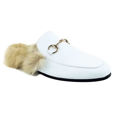  White Backless Mule Slip On Leather Fur Gold Buckle Loafers Shoes Slipper AZAR  • $69