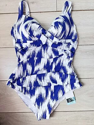 M&S Magic Shaping SwimSuit Blue Print Size 18 Ruched Padded Tummy Control • £22.99