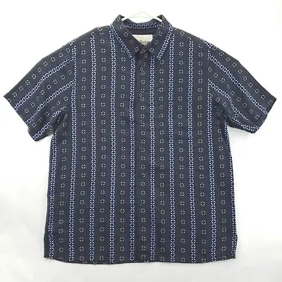 Vintage Silk Shirt Mens XL Blue Geometric Pocket Short Sleeve Classic Button-Up • $22.22