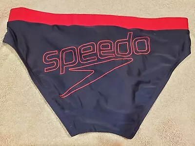 SPEEDO Australia 5CM Sides RARE Mens Swim Brief Sz 34 REAR LOGO Red Navy NEW • $29.99