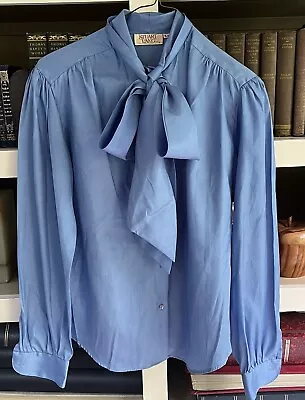 Vintage Stuart Lang Long Sleeve Pussy Bow/ Secretary Blouse Sz 5/6 Blue Sheen • $10