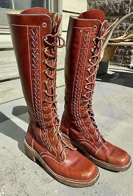 Vintage 60’s 70’s Leather Lace Up  Hippie Boho Penny Lane Boots Size 9 • $388