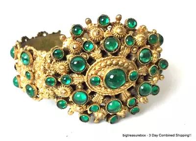 INCREDIBLE WOW Vtg ANTIQUE Bracelet Cuff Bangle Green Gold Tone Jewelry Lot Y • $17