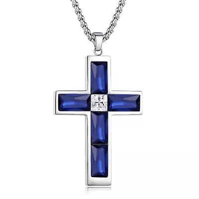 Blue Cross Necklace For Men Created Sapphire Pendant Necklace Silver Stainl... • $31.16