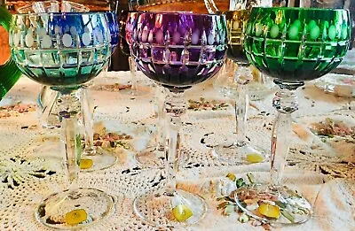 MCM Crystal Set Of 6 Nachtmann Stem Glasses With Overlay Cut To Clear Excellent • $424.15