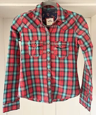 Hollister Red Plaid Button Up Shirt With Silver Thread Detail Size XS • £8.99