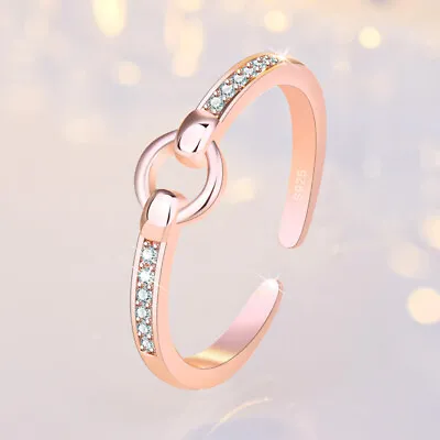 Sparkling Rose Gold Or 925 Silver Plated Circle CZ Bar Open Adjustable Ring Gift • £3.36