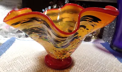 Murano Glass Fluted Bowl Orange Red End Of Day Spatter Artist Signed  1998 • $89.95