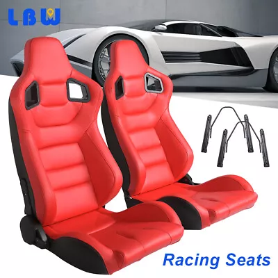 Universal 2PCS Racing Seats PU Leather Red Reclinable Bucket Seats W/2 Sliders • $387.99