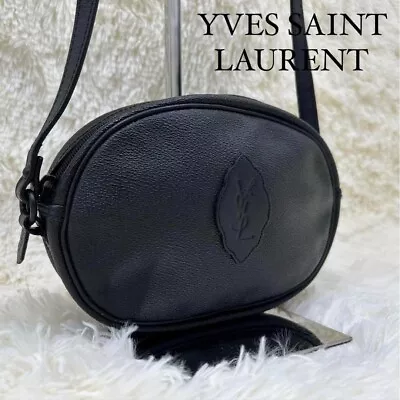 YSL Round Black Leather Shoulder Bag Vintage Logo Adjustable Strap 5.5x7.9x2in • $279