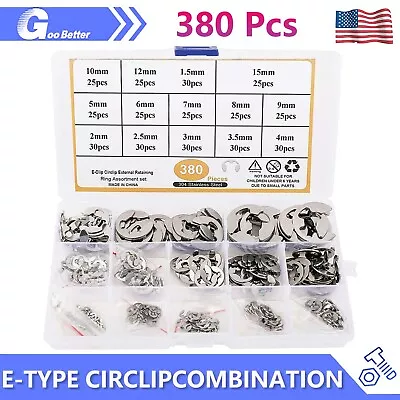 380Pcs 14 Sizes Stainless Steel E-Clip Circlip Kit Retaining Ring Assortment Set • $12.59