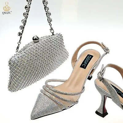 Trendy Full Diamond Embellished High Heel Peach Color Women Shoes And Party Bags • £118.24