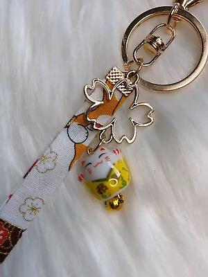 Japan Maneki Neko Yellow Lucky Cat Keychain Bag Charm Strap Christmas Gift • $12.99