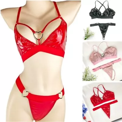 Women Shiny Bra Briefs Set PU Leather Bandage Swimwear Bikini Underwear Sexy • £17.84