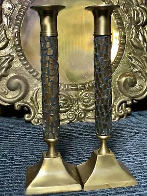 Vintage Brass Candle Stick Holders Amber Mosaic Glass Inlay 9.5  Tall Set Of 2 • $24.95